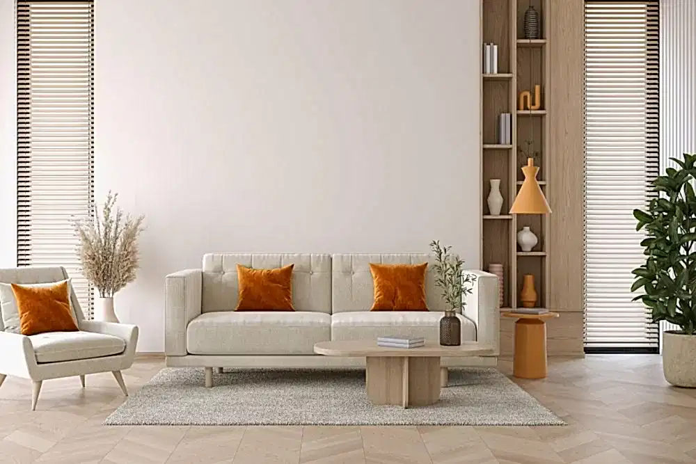 Açık renkli mobilya, turuncu kırlent, ahşap renkli orta sehpalı ferah salon