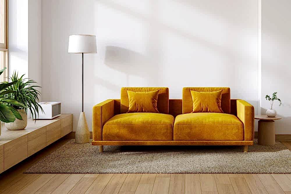 hardal renkli koltuk, beyaz lambaderli aydınlık salon