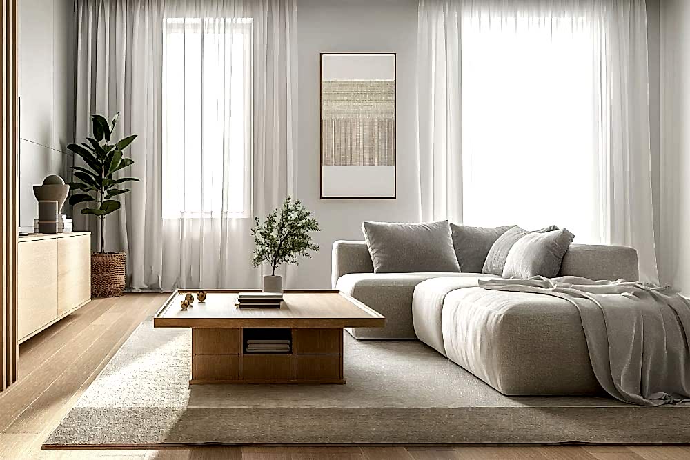 minimalist mobilya, ayna ve beyaz tonlarıyla dekore edilmiş ferah salon