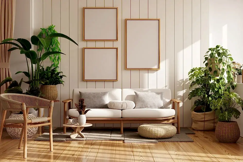 minimalist mobilya, saksıda yeşil bitkiler, ahşap ve beyaz tonlarıyla dekore edilmiş salon görseli