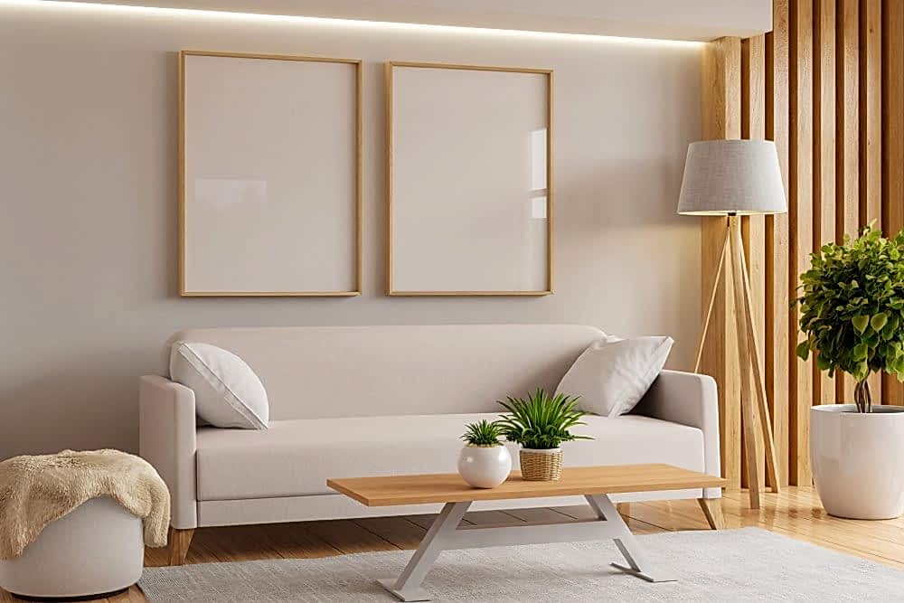 beyaz renkli koltuk, ahşap sehpa ve lambaderli aydınlık salon